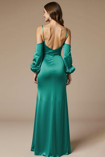 Peacock Green Cold Shoulder Sheath Maxi Evening Dress
